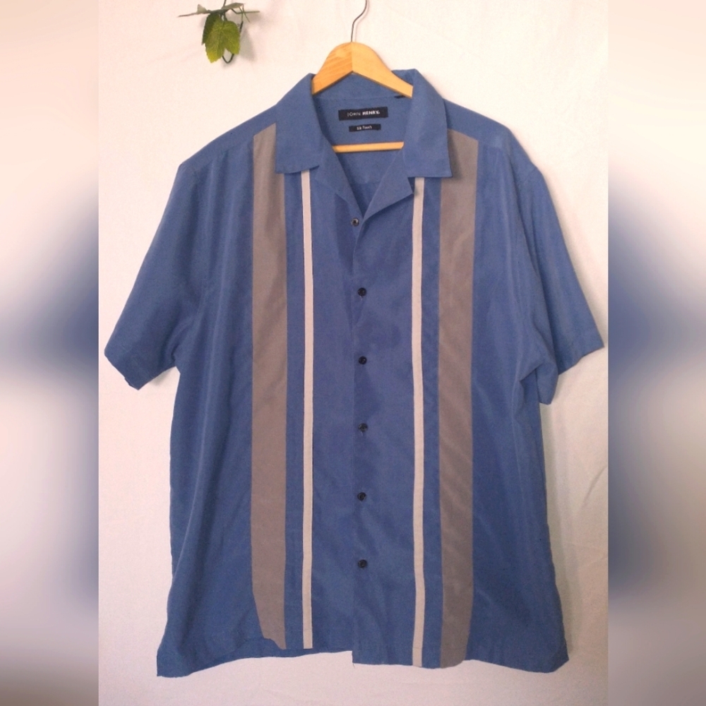 John Henry Silk Bowler Retro Vintage Cubavera Blue and Tan Men's Casual Shirt XL